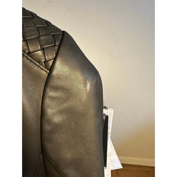 Cole Haan asymmetrical collarless black leather Jacket 100% Lamb Skin Size L - Picture 6 of 9